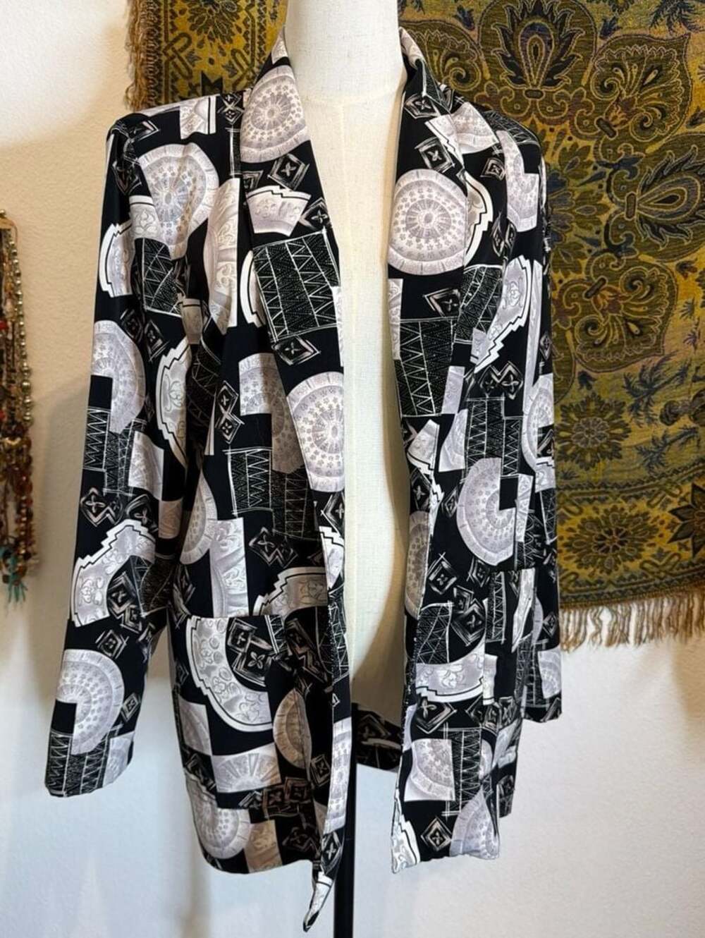Vintage 90s Blazer Glory Black and White Geometric Art to Wear Open Front Blazer